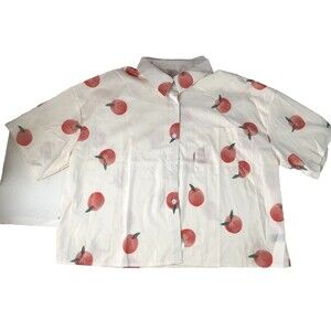 SHEIN All Over Peach Print Short Sleeve Button Down Blouse Top Off White XL 0722